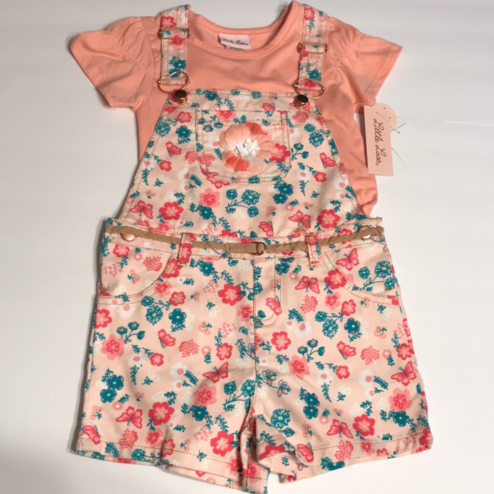 Girls summer outfit Little Lass 6 overall shorts outfit coral farmer Jean shorts
